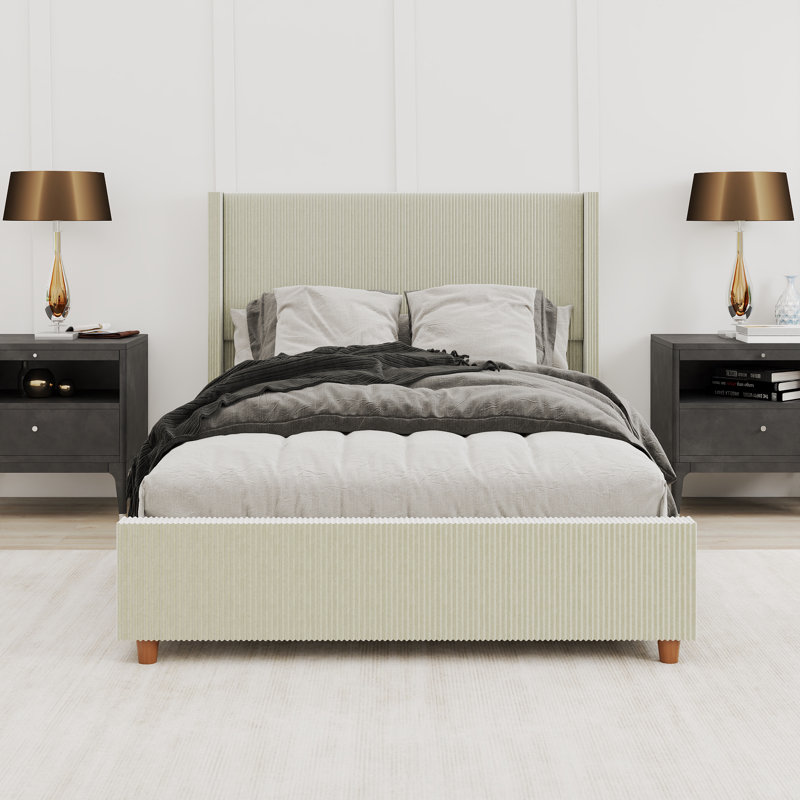 Structure de lit tapissier avec tête de lit à oreilles Corduroy, Beige, Grand