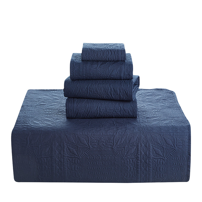 Grid Weave Premium Microfiber Reversible Quilt Set, Twin Quilt + 3 Shams, Navy