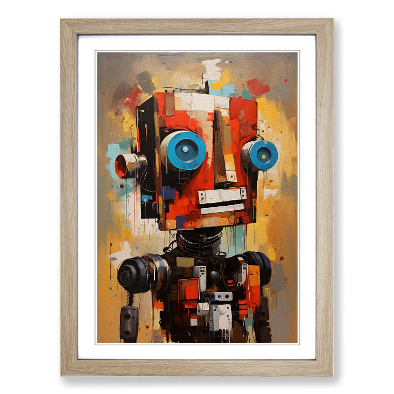 Robot Gestural - Single Picture Frame Print on Wood, Oak, 64cm H x 46cm W x 2cm D