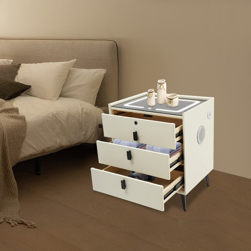 Smart Bedside With Drawers Three-Color Light, USB&Wireless Charging, Fingerprint Lock, And Bluetooth SpeakerÂ 110.23 Lbs Weight Capacity