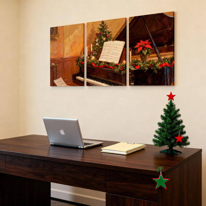 Ensemble de 3 tableaux sur toile représentant un piano de Noël avec sapin et poinsettia, H 30 po x l 60 po