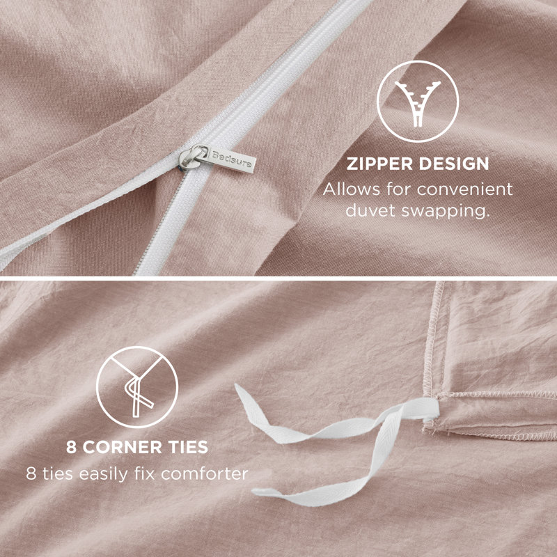 Bedsure 100% Washed Cotton Duvet Cover Set, Full Duvet Cover + 2 Shams(20"*26"), Rose Pink