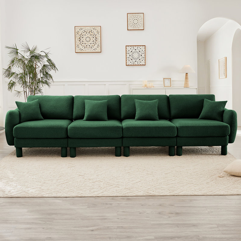Boucle Fabric 4-Seater Sofa Couch With Distinctive Shell-Shaped Armrests And Cylindrical Legs, Ideal For Various Living Spaces And Comfortable Gatherings