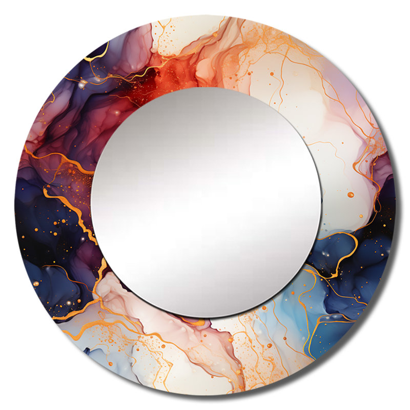 Red And Blue Celestial Radiance Marble Bliss - marble  Mirror, Modern Round Unique Wall Mirror, Printed Metal Art, 36" x 36"