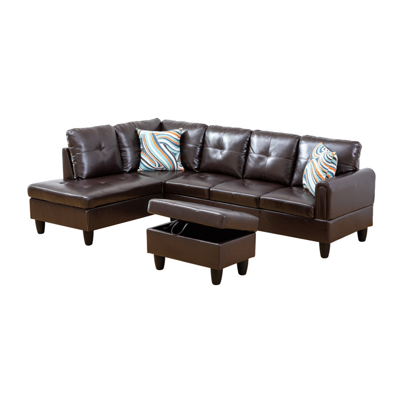 Faux 3-Piece Leather Living Room Sofa Set, Brown Faux Leather, Left Hand Facing