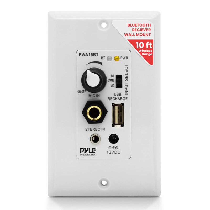 Support mural sans fil pour récepteur audio-vidéo Pyle 100 W avec amplificateur intégré Pyle, entrées USB / microphone / Aux (3,5 mm), bloc de jonction pour haut-parleur, connexion 2 haut-parleurs, blanc - PWA15BT