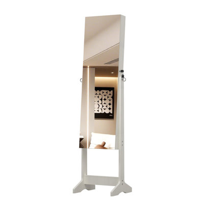 Armoire à bijoux debout avec rangement verrouillable - miroir pleine longueur, miroir intérieur, organisateur blanc