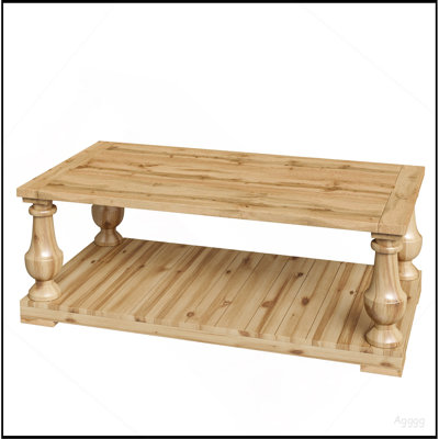 Farmhouse Coffee Table with Storage Shelf, Solid Wood Turned Legs, 2-Tier Rustic Wood Center Table for Living Room, Natural