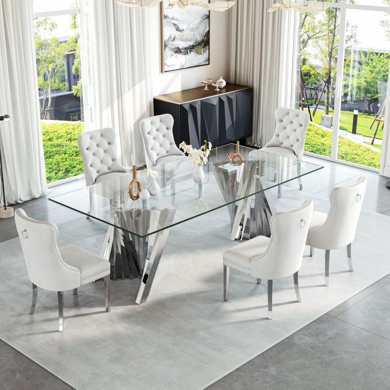 6 - Person Glass Top Double Pedestal Dining Set, Silver, White/Silver