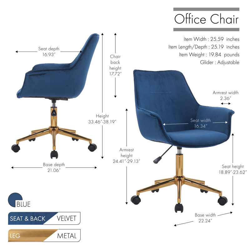 Chaise de travail en velours Garrow, bleu