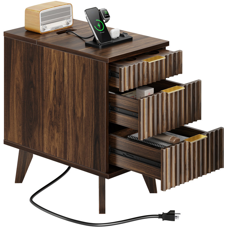 End Table with Drawers and Charging Station, Brown