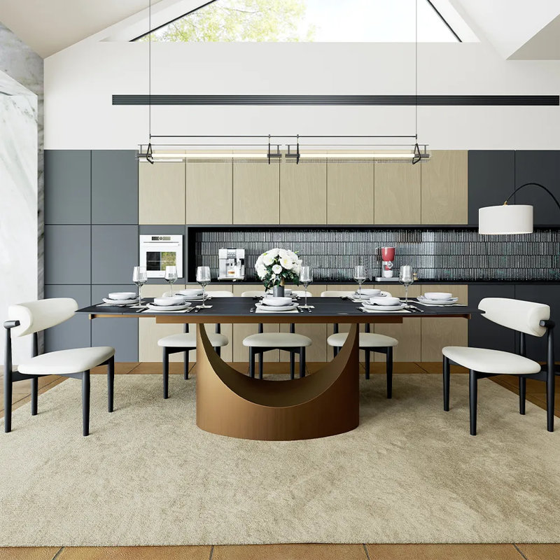 71"-95"Extendable Hobart Modern Dining Table For 6-10, Rectangular Sintered Stone Tabletop with Pedestal Base, Carbon Steel Leg