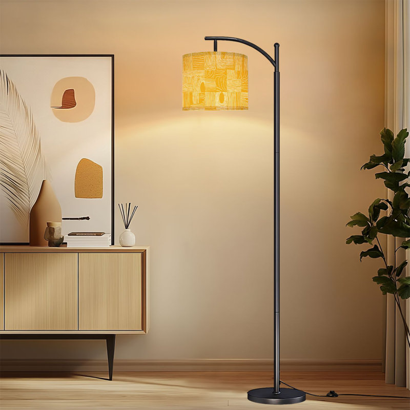 Lampe sur pied à arc avec abat-jour réglable Abstrait géométrique patchwork jaune moutarde sur blanc 3 lignes