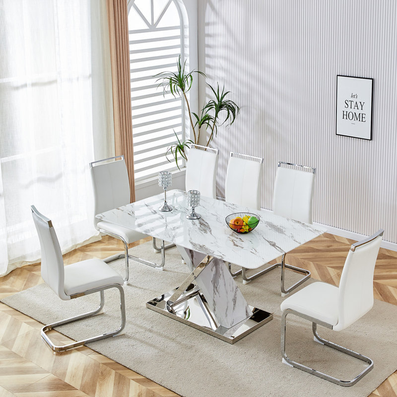 Ensemble de table de salle à manger en verre pour 6, 7, Blanc / argenté