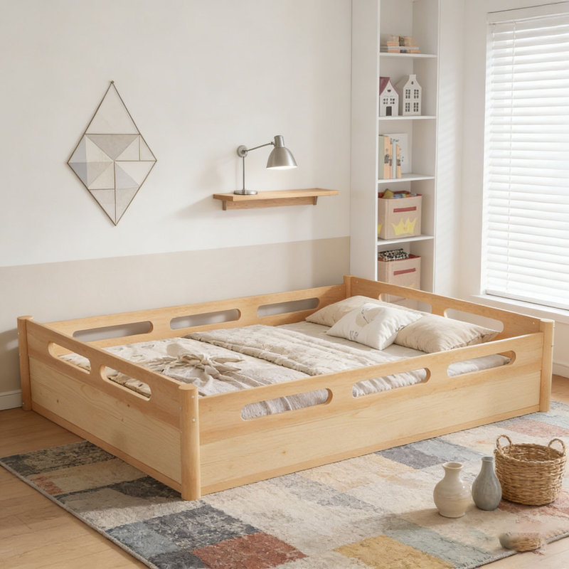 Floor Platform Bed with Full-length Guardrails, Naturel, Grand lit