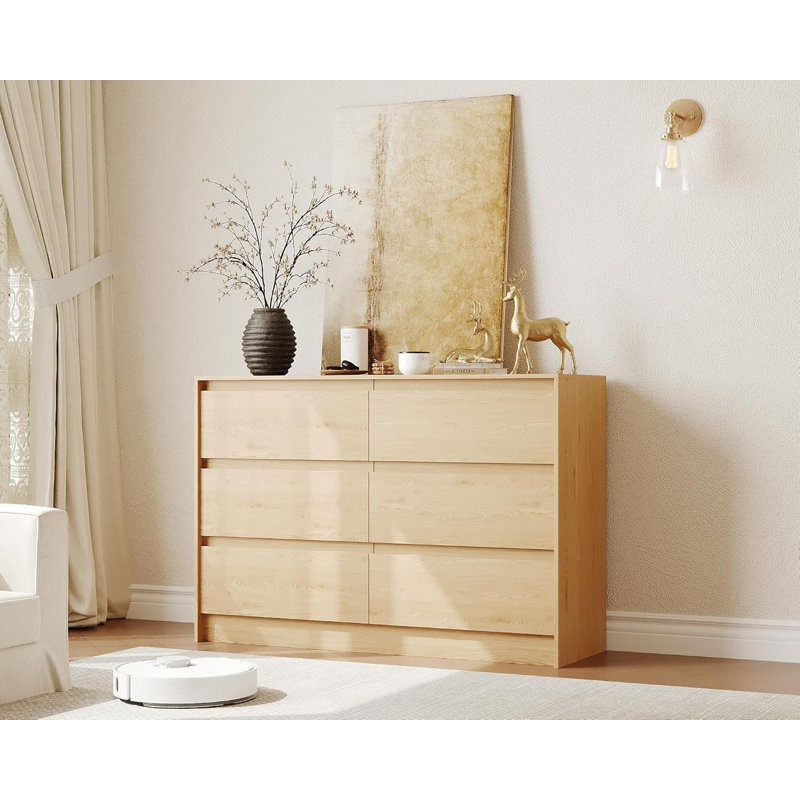 Commode à 6 tiroirs Farmhouse, commode de 47 po de largeur avec design sans poignée, armoire de rangement en bois de chêne naturel pour la chambre à coucher et le salon
