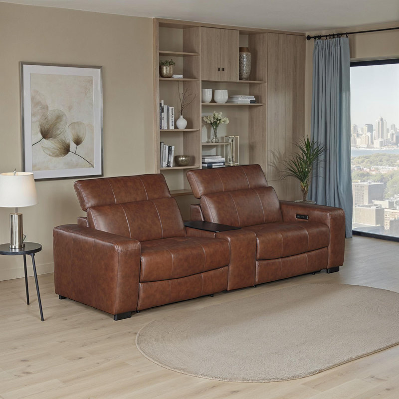 Oaks 104" Modern & Contemporary Top Grain Leather Power Double Reclining Loveseat with Console with Wireless Charging & Storage and Built-in USB-A & C Ports