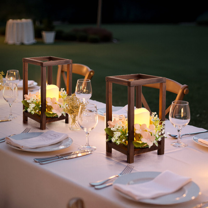 10 Set/30 Pcs Wooden Wedding Lantern Centerpiece, Includes 10 Wooden Lantern Candle Holder 10 Flameless LED Candle 10 Champagne Flower Wreath For Wedding Table Party Farmhouse Decor, Brown