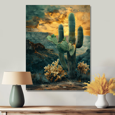 Green Yellow Gardian Of The Desert Cactus I - Floral Cactus Wall Art Living Room