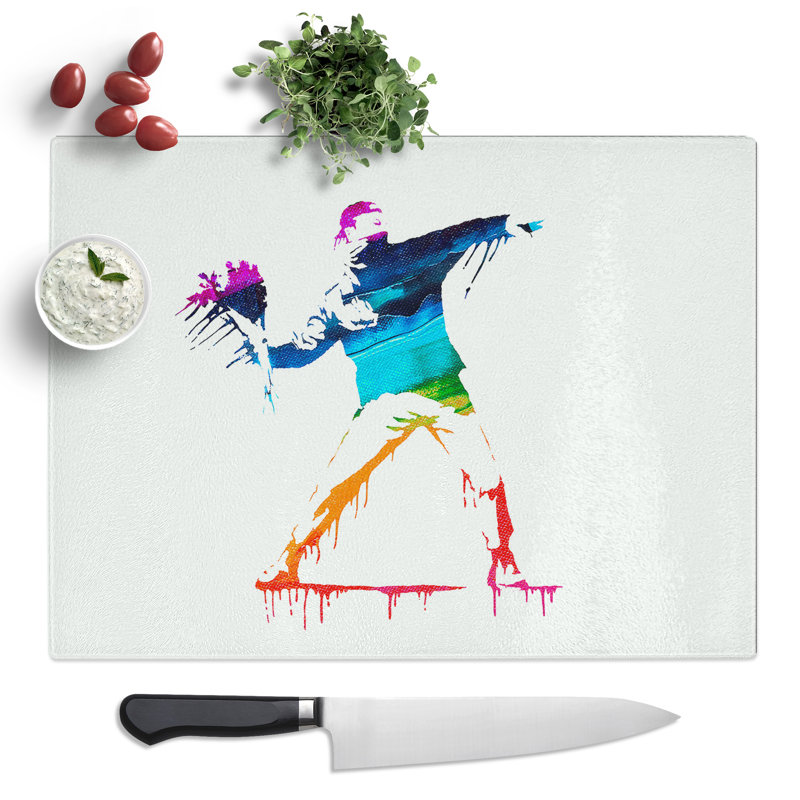 Banksy Flower Thrower Graffiti  Glass Chopping Board