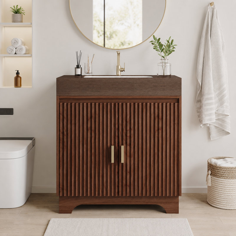 Meuble-lavabo avec plateau en pierre frittée et pieds en contreplaqué Heywood, Brown