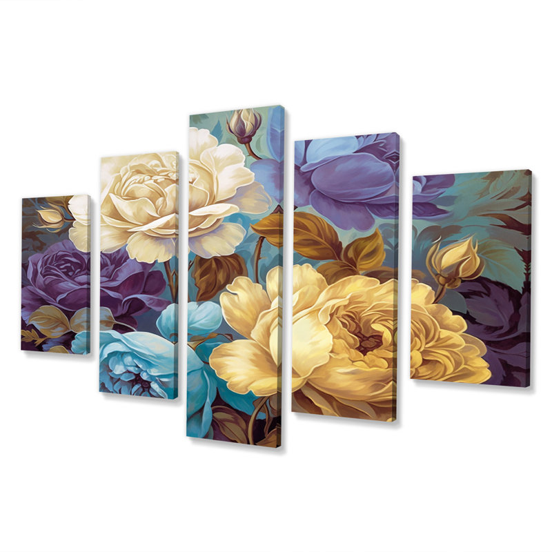 «Retro Roses Blooming I», reproduction d'art sur toile - 5 panneaux
