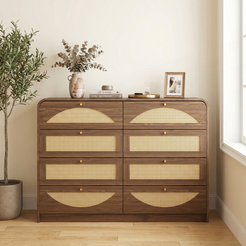 Commode 8 tiroirs avec façade en rotin, commode et armoire de rangement moderne, Walnut