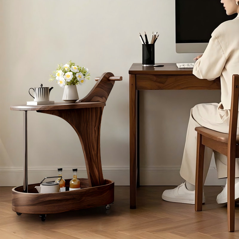 Retro Walnut Wooden Side Table with Cart, 27.95" H x 24.8" W x 14.96" D