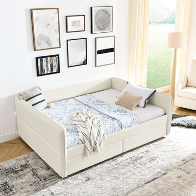 Queen Size Upholstered Daybed With Trundle And 2 Drawers, Beige Boucle Material, 88"X65.5"X29.5", Vertical Stripe On , Comfortable Foam Padding, Fast Simple Assembly Drawers For Storage, Fabric,