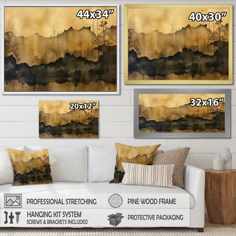 «Brown and Black Abstract Fluidité», reproduction sur toile, Cadre doré à une seule photo, H 30 po x l 40 po x P 1,5 po