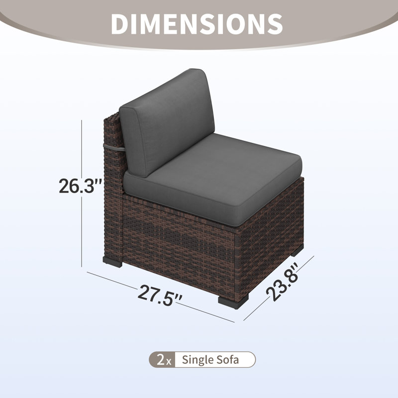 Yentin 24" Outdoor Wicker Patio Armless Modular Chair With Cushion  (Set of 2), Gray