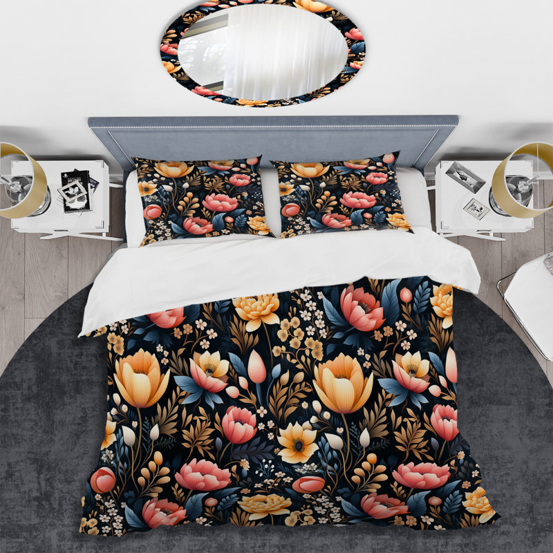 Multicolor Wildflowers Garden On Black Pattern - Ensemble de housse de couette à motif floral