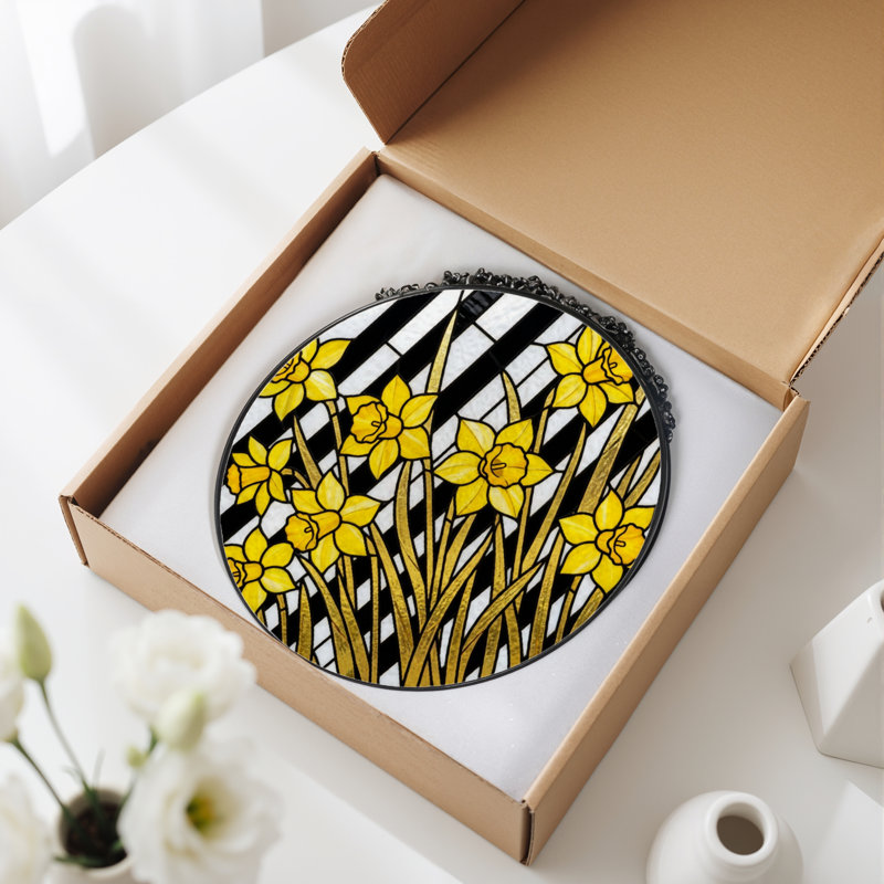 7.8"H Daffodil Pattern Stained Glass Window Panel, 7.8" H x 7.8" W