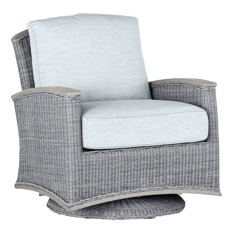 Outdoor Astoria Swivel Glider Wicker Chair with Cushions, Welt + Standard fill, Oyster, Linen Chambray