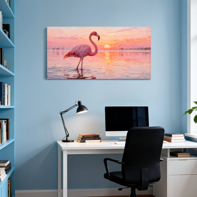 Reproduction d'art, animaux, flamant rose, coucher de soleil