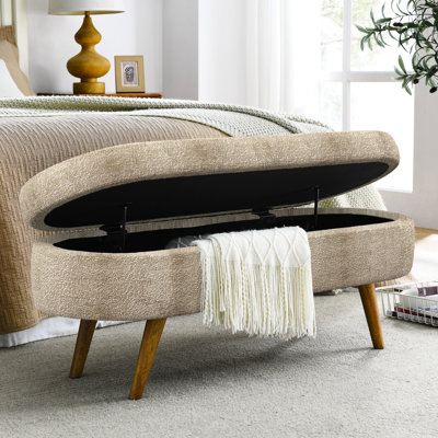 Banc ovale 110,5 x 40,5 x 40,5 cm, brun, pieds en bois d'hévéa, fait maison, utilisable comme repose-pieds ou assise, revêtement en tissu plissé, rangement intégré, idéal pour optimiser l'espace.