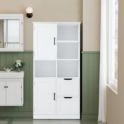 White Freestanding Bathroom Cabinet With Doors, Drawers, Open Shelves And Adjustable Shelf For Multiple Storage