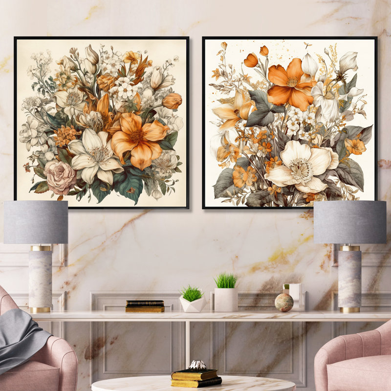 Traduction libre: Bouquet de fleurs crème et orange, Cadre flottant noir, H 36 po x l 73 po