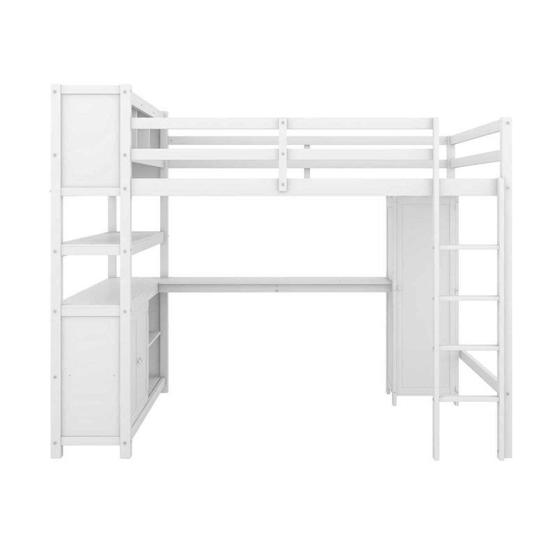 Loft double en bois avec garde-robe et bureau pour enfants, Blanc
