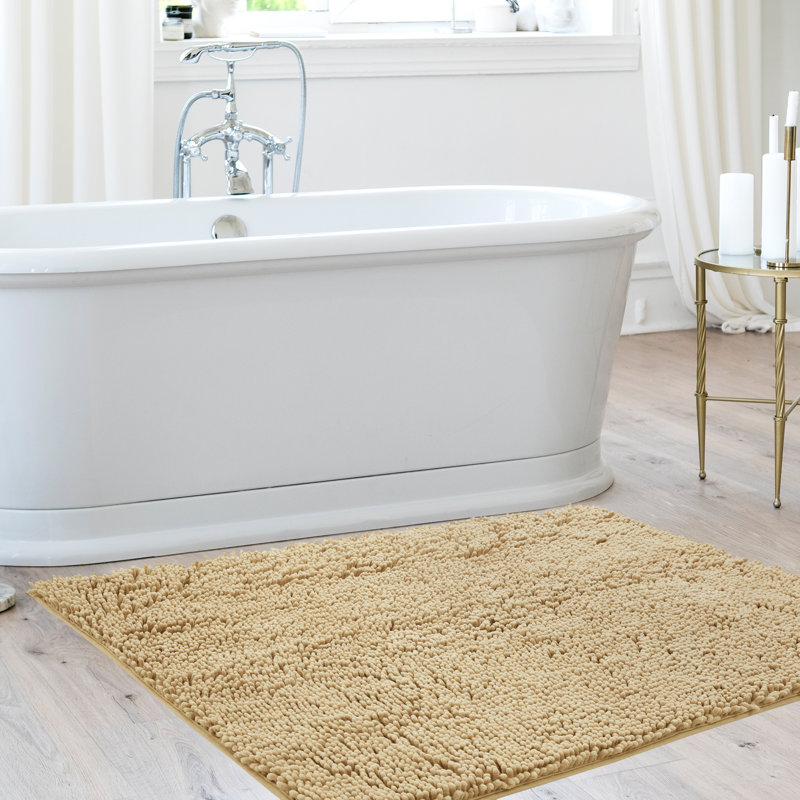 Chenille Bath Mat - Luxurious Soft Microfiber Absorbent Bathroom Rug, Non-Slip, Quick Dry (Set of 4), Brown, 24" L x 17" W