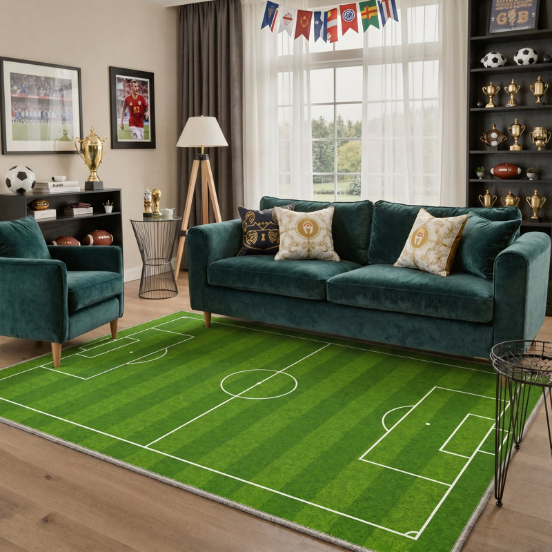Geometric Soccer Field Machine Washable Emerald Green Indoor Area Rug With Non-Slip Backing, Rectangle 8' x 10'