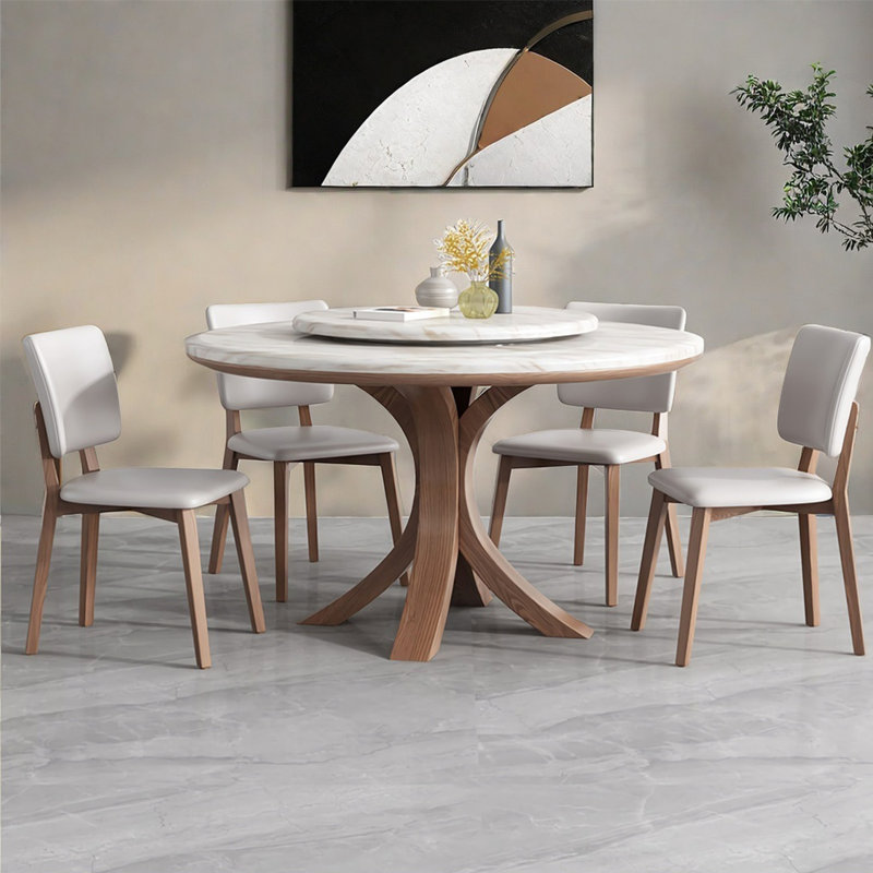 Ensemble de table de salle à manger en faux bois massif et marbre, 7 Pieces: Table, 6 Chairs, 29.9"H x 47.2"L x 35.4"W