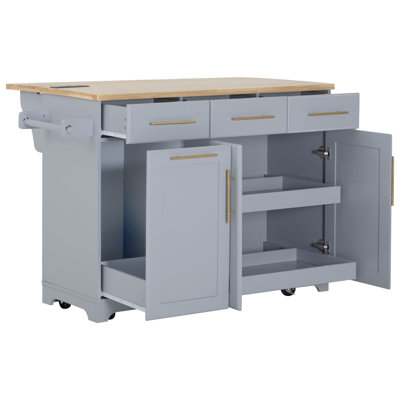 Kitchen Island with 2 Pull Out Cabinet, 3 Drawers, Trash Can Storage, Power Outlet, Spice and Towel Rack