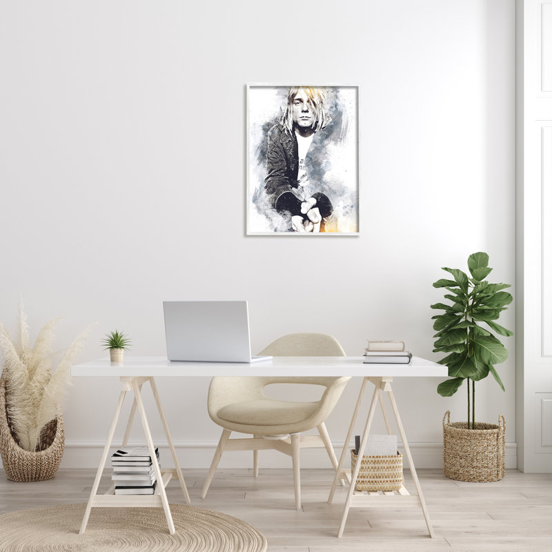 Kurt Cobain, motif abstrait moderne, portrait, noir et jaune par Birch & Ink - Peinture, H 30 po x l 24 po x P 1,5 po