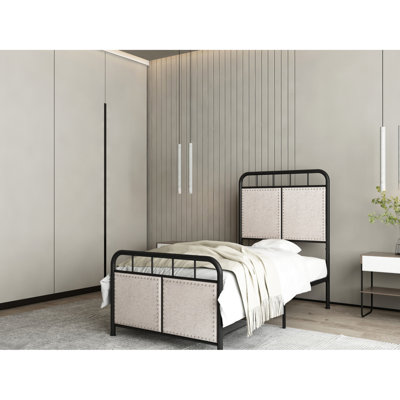 Structure de lit simple en lin avec plateforme en lin rembourré en lin et stable, sommeil silencieux, processus d'assemblage facile, compatible avec tous les matelas, beige, tête de lit en tissu d'une capacité de charge de 250 lb,
