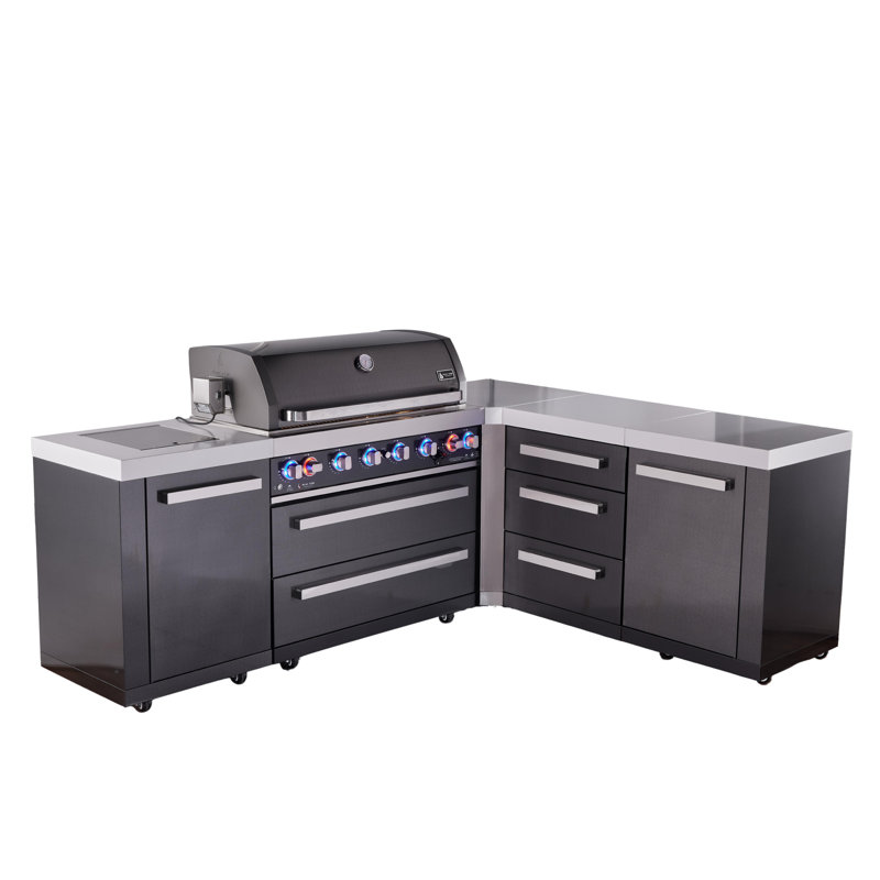 Îlot de cuisine modulaire en forme de L en acier inoxydable noir L 94 po x P 50 po x H 46 po Mont Monti + brûleur latéral + barbecue à gaz 6 brûleurs l 44 po + comptoirs en granit blanc + armoires et tiroirs de rangement + couvercle + naturel Convertible au gaz + garantie à vie