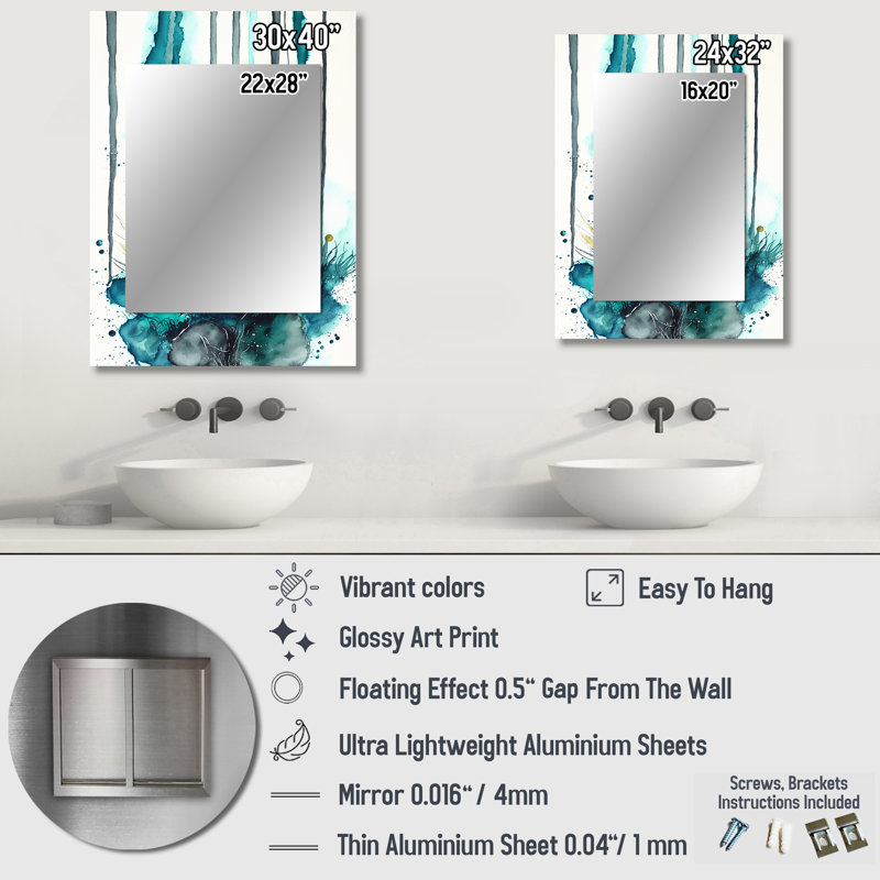 «Tropical Turquoise Joyfulness V», miroir unique à encre liquide, grand miroir mural bleu, impression d'art en métal