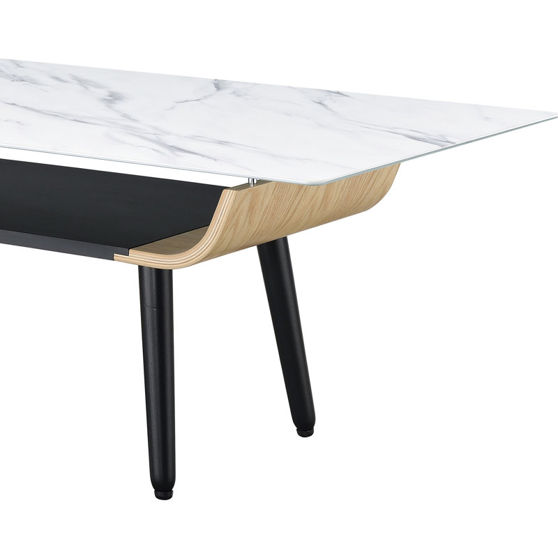 Table basse à texture de marbre blanc 47 po, bois cintré, table à pieds réglable avec surface en verre et tablette