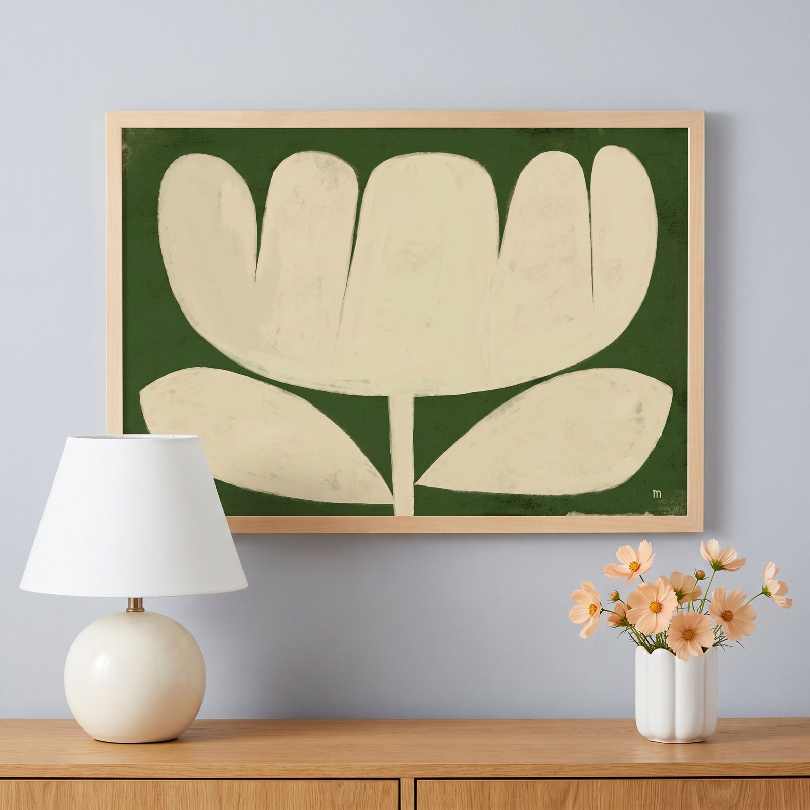 Flower on Green Painting, 14" H x 20" W x 1.25" D, White