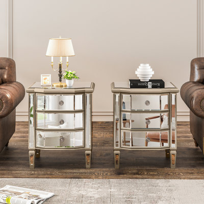 3 Drawers Vintage Mirrored Bedside Table Set of 2